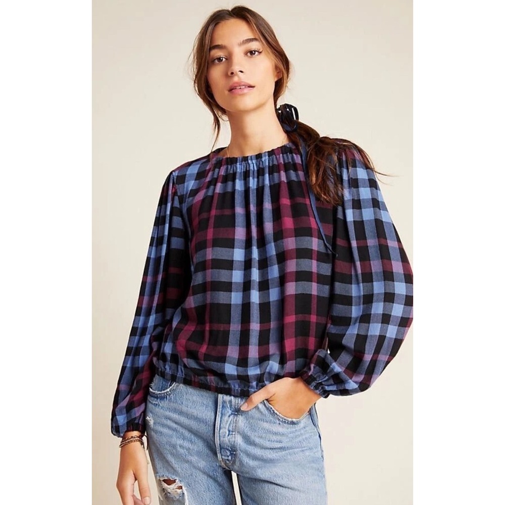Anthropologie Cloth & Stone Glacier Plaid Blouse XS Navy Red Cottage Folk